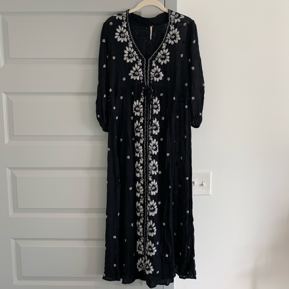 Free People black maxi dress with white flower pattern